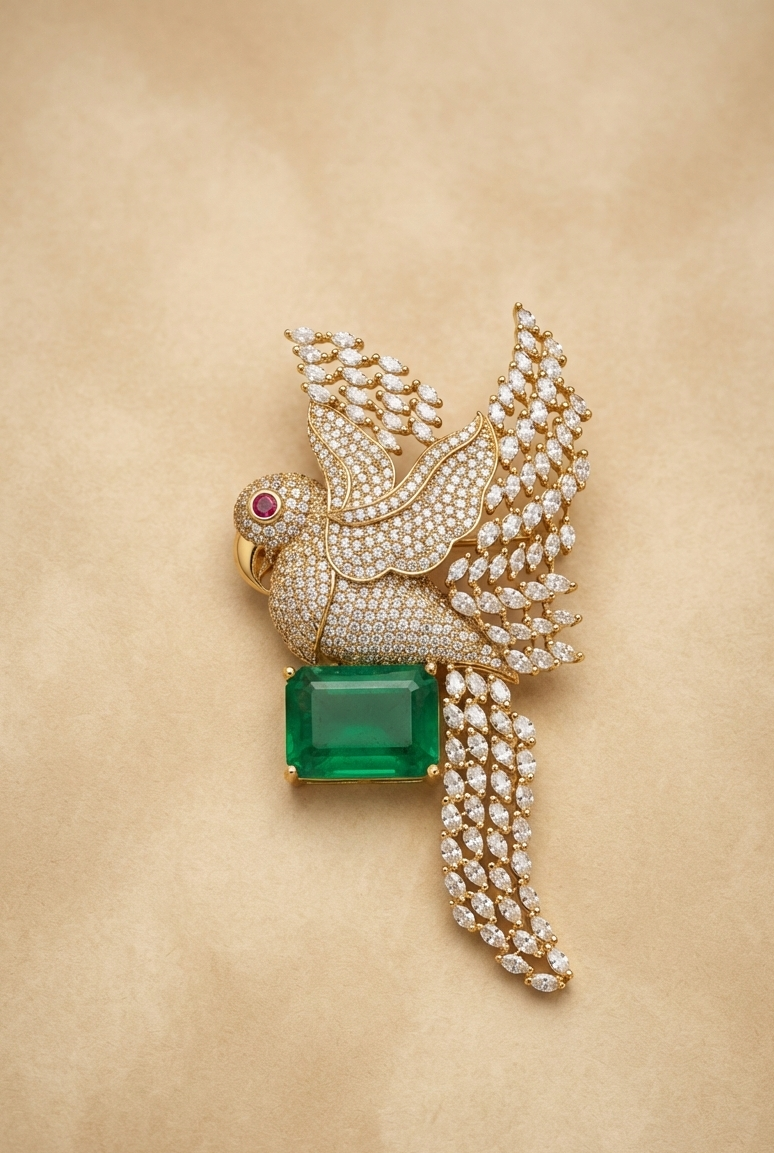 Green Parrot Emerald Brooch