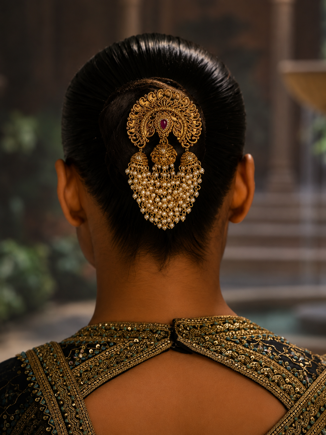 Antique Gold Pearl Hair Brooch with Jhumka Danglers