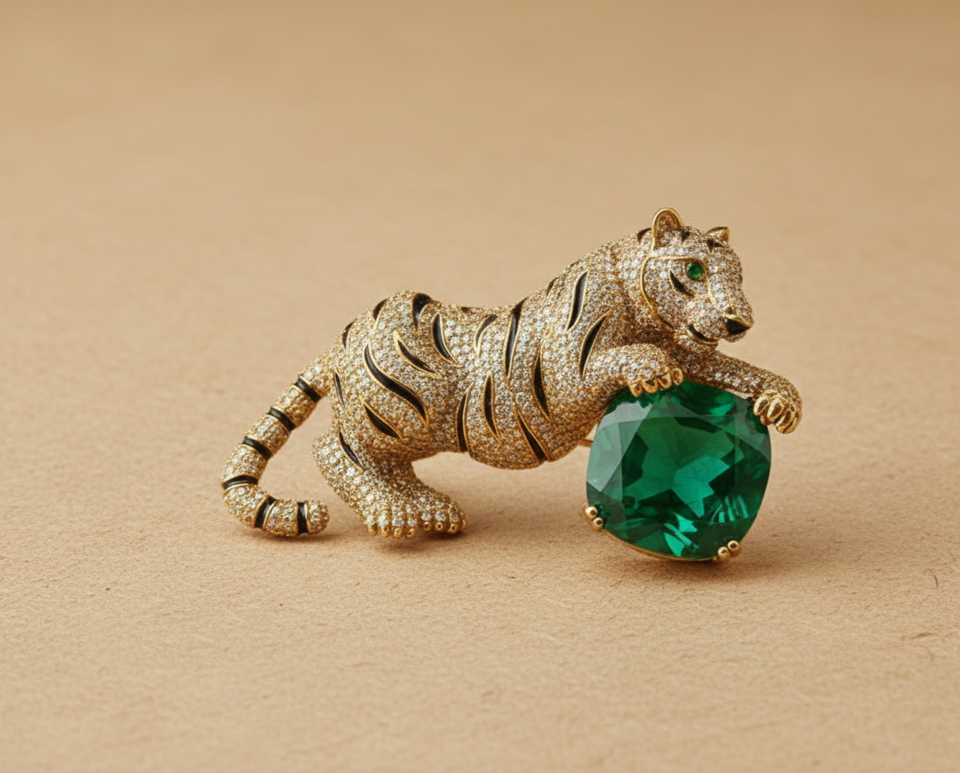 Royal Emerald Tiger Statement Brooch