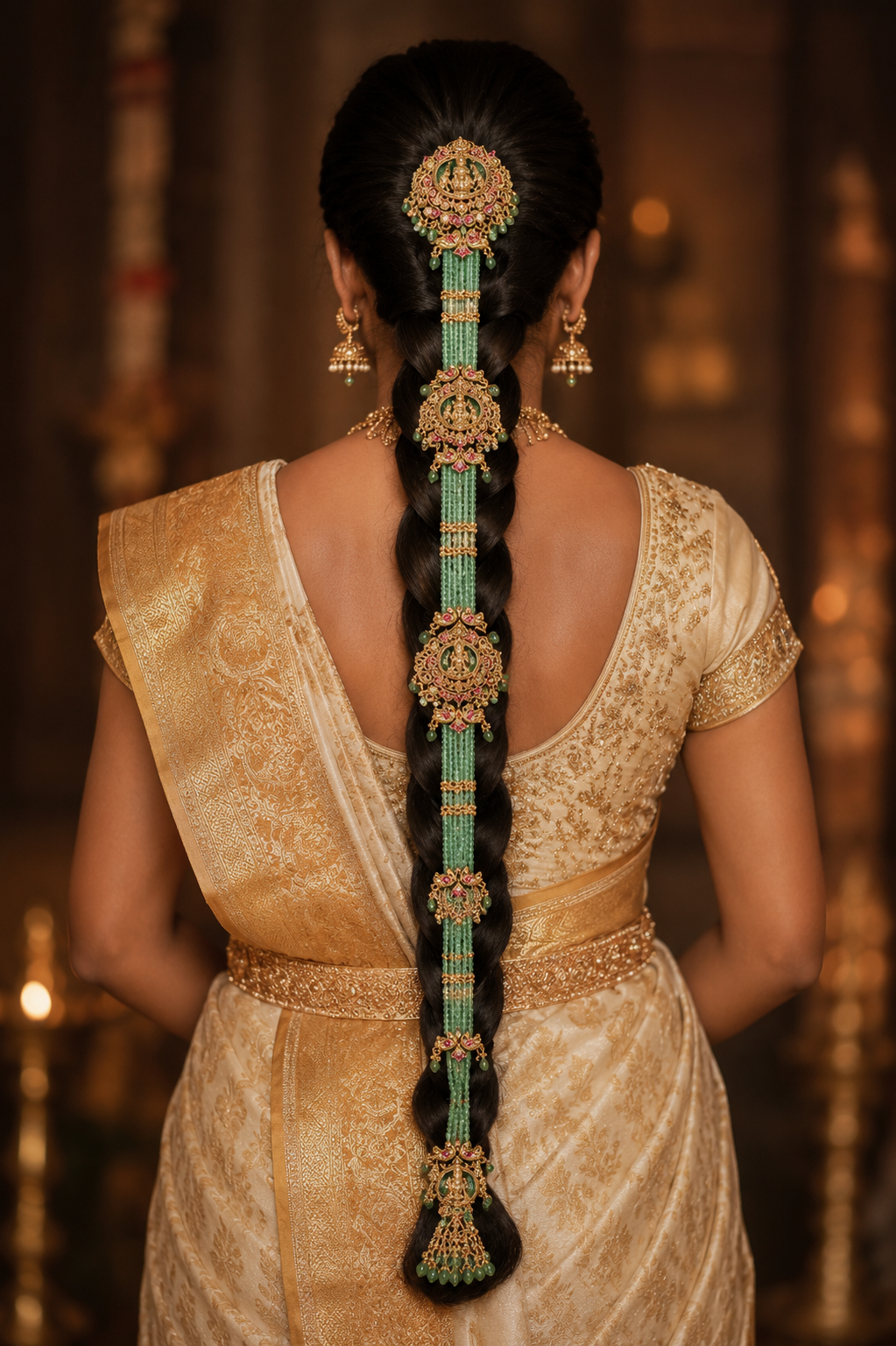 Antique Gold Temple Bridal Braid Hair Accessory Set with Green Beads