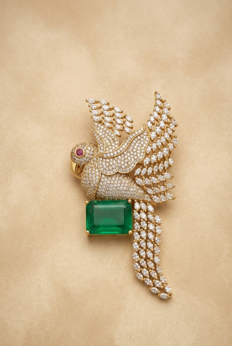 Royal Emerald Parrot Statement Brooch