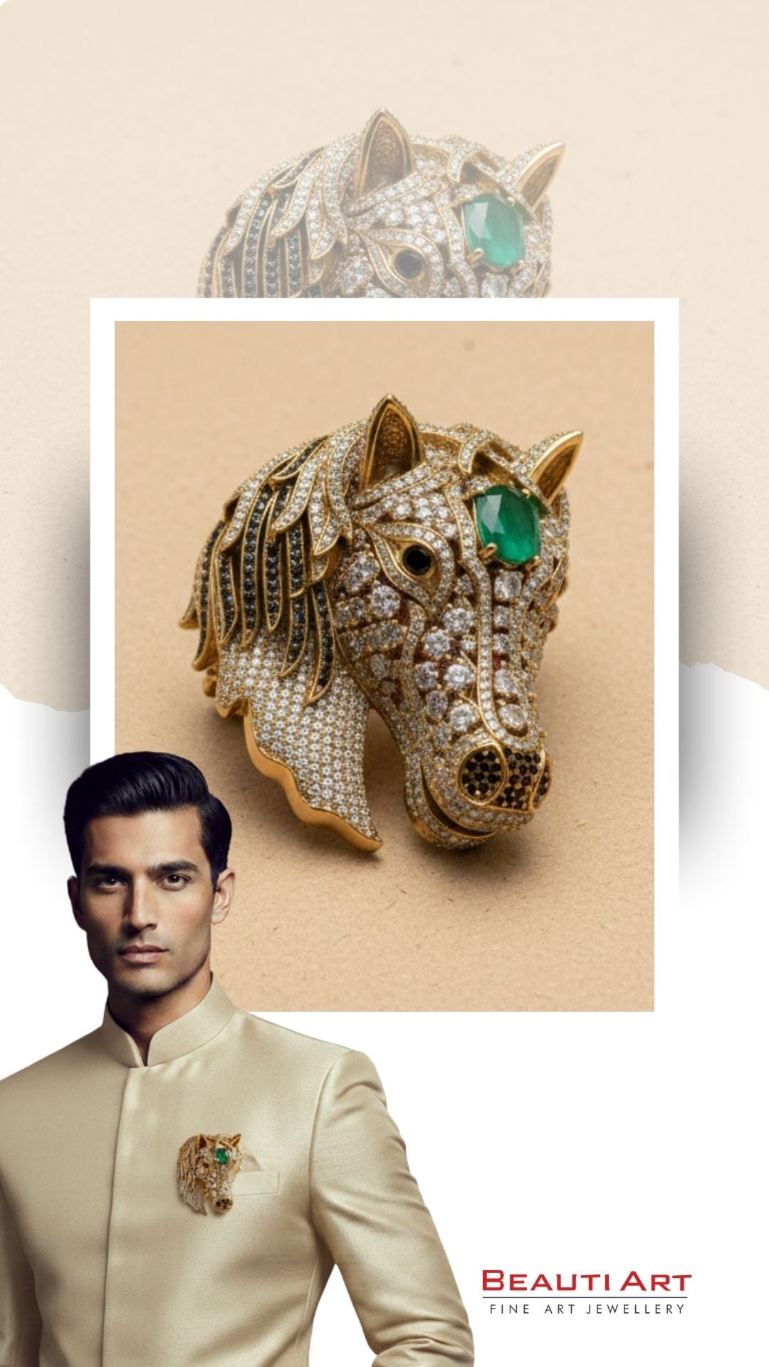 Green and Clear Horse Head Brooch