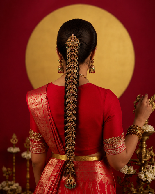 Antique Gold Lakshmi Temple Bridal Jadai with Jhumka Tassel