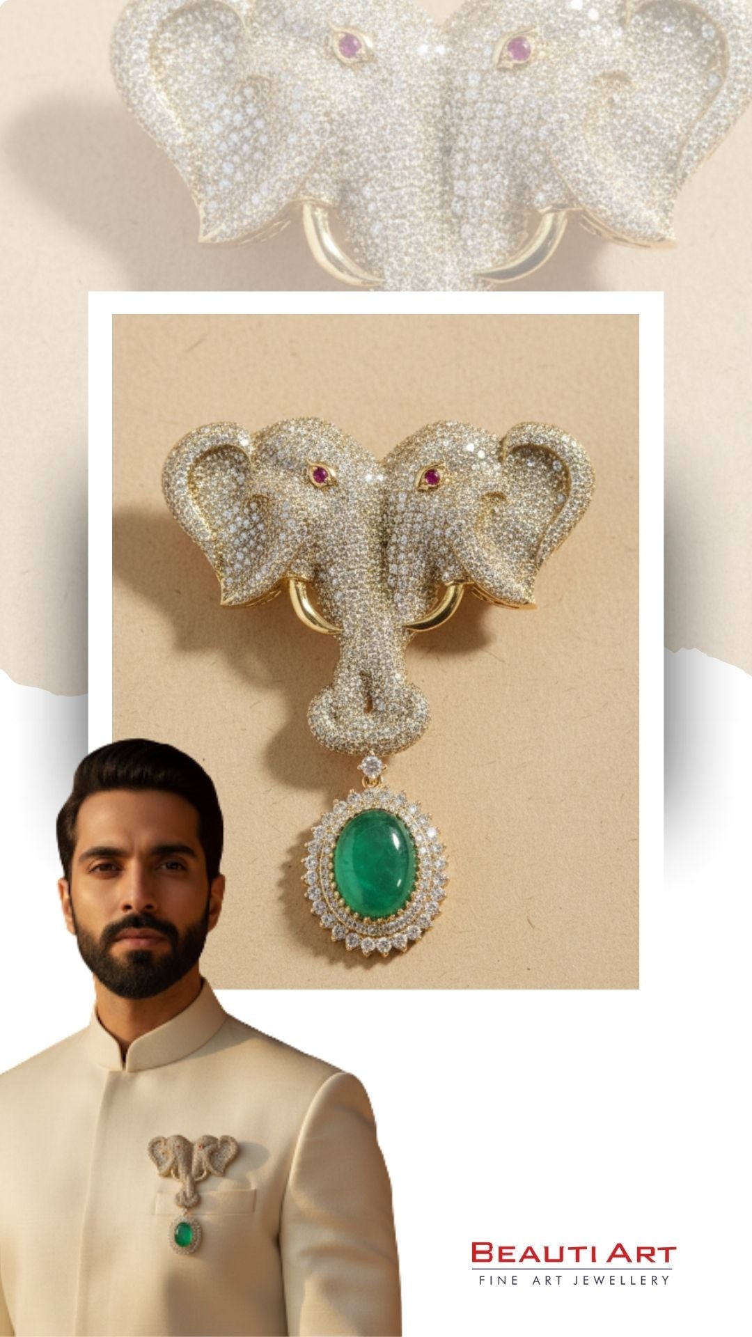 Royal Twin Elephant Emerald Statement Brooch