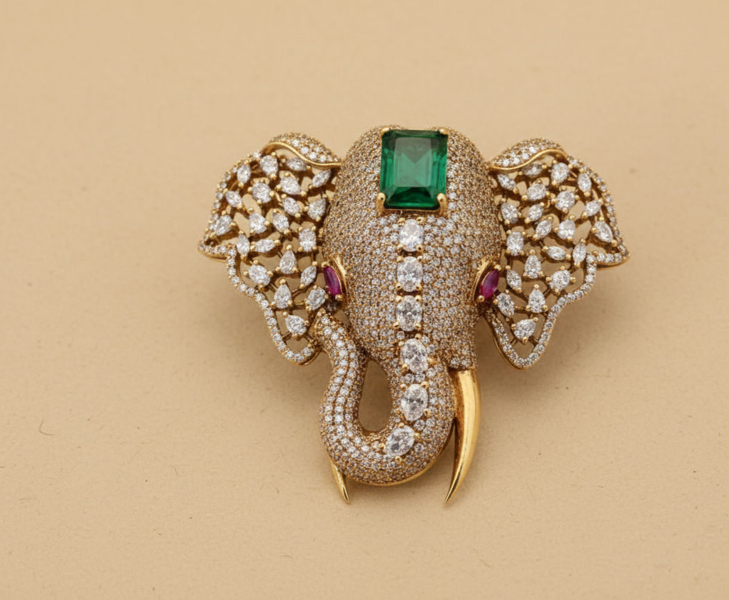 Royal Emerald Elephant Diamond Brooch